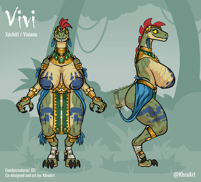 ancient_civilization animal_humanoid areola armor aztec big_areola big_breasts big_butt blue_body blue_feathers bodypaint breasts butt candycreatures claws dinosaur dromaeosaurid feathers female female/female gold_(metal) gold_jewelry green_body green_scales green_skin hair hi_res humanoid jewelry khraart model_sheet pupils red_hair reptile ring_(jewelry) scales scalie scalie_humanoid slit_pupils solo theropod velociraptor xochitl_candycreatures yellow_eyes