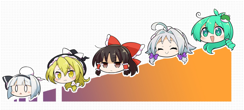 0_0 5girls blonde_hair bow braid brown_eyes brown_hair chart chibi closed_eyes commentary_request futa_(nabezoko) green_eyes green_hair grey_hair hair_bow hair_ornament hakurei_reimu hat head_only highres izayoi_sakuya kirisame_marisa kochiya_sanae konpaku_youmu konpaku_youmu_(ghost) long_hair maid_headdress multiple_girls short_hair side_braid smile touhou twin_braids yellow_eyes