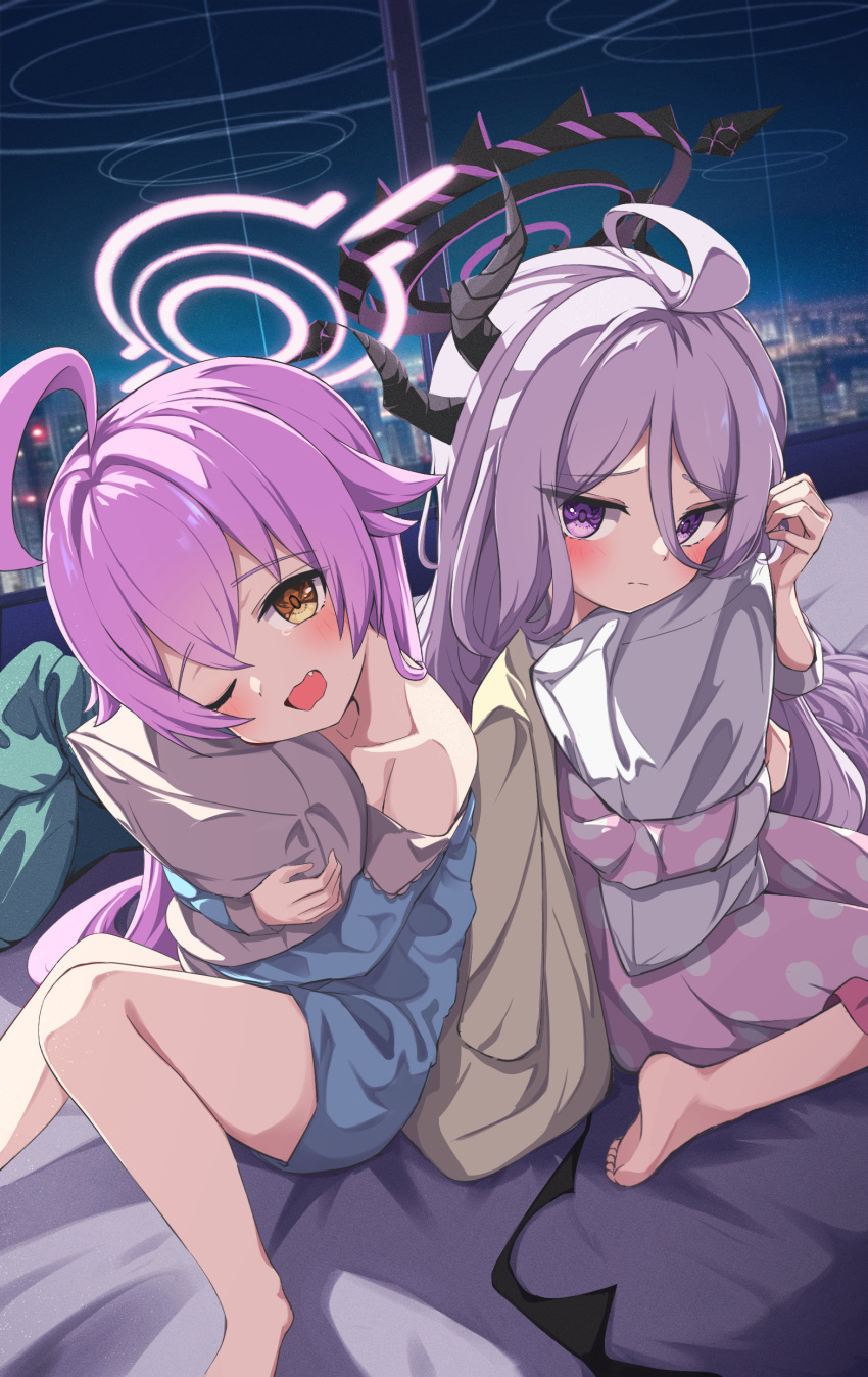 2girls ;d absurdres ahoge alternate_costume bare_shoulders barefoot bed bed_sheet blue_archive blue_pajamas blurry building collarbone commentary_request demon_girl demon_horns demon_wings depth_of_field fumi_(fumibeing) hair_between_eyes halo head_tilt highres hina_(blue_archive) horns hoshino_(blue_archive) indoors knees_together_feet_apart long_hair long_sleeves looking_at_viewer multiple_girls night night_sky object_hug official_alternate_costume one_eye_closed pajamas parted_bangs pillow pillow_hug pink_hair pink_pajamas polka_dot polka_dot_pajamas purple_eyes sidelocks sitting sky skyline skyscraper smile soles star_(sky) starry_sky toes wariza white_hair window wings