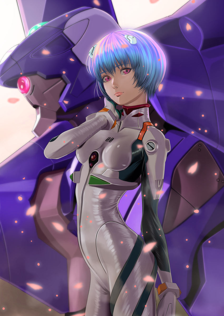 1girl absurdres arched_back ayanami_rei blue_hair bob_cut bodysuit breasts breasts_apart closed_mouth cowboy_shot eva_00 evangelion_(mecha) highres interface_headset looking_at_viewer mecha medium_breasts nagase_jp neon_genesis_evangelion one-eyed pilot_suit plugsuit red_eyes robot science_fiction short_hair solo standing white_bodysuit