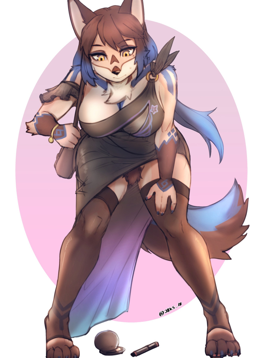 absurd_res anthro big_breasts bracelet breasts canid canine clothed clothing dress female hi_res j8k_s jewelry mammal no_underwear pubes purse simple_background solo upskirt wide_hips yellow_eyes