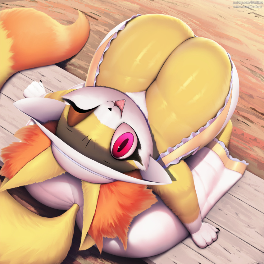 1:1 2023 anthro big_breasts black_nose breast_focus breasts clothed clothing colored digital_media_(artwork) eyebrows female fennekin fingers generation_6_pokemon hi_res huge_breasts looking_at_viewer nintendo one_eye_closed open_mouth pokemon pokemon_(species) solo text thousandfoldfeathers url