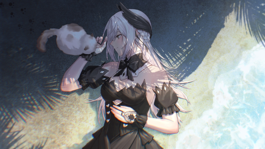 1girl bare_shoulders beach black_bow black_wrist_cuffs bow bowtie braid cat chinese_commentary chromatic_aberration commentary detached_collar detached_sleeves dress footprints highres liv:_empyrea_(dreamcatcher)_(punishing:_gray_raven) liv_(punishing:_gray_raven) long_hair lying off-shoulder_dress off_shoulder on_back punishing:_gray_raven sand shadow upper_body water white_hair wing_hair_ornament yellow_eyes zhou_huan_(dgpe2833)