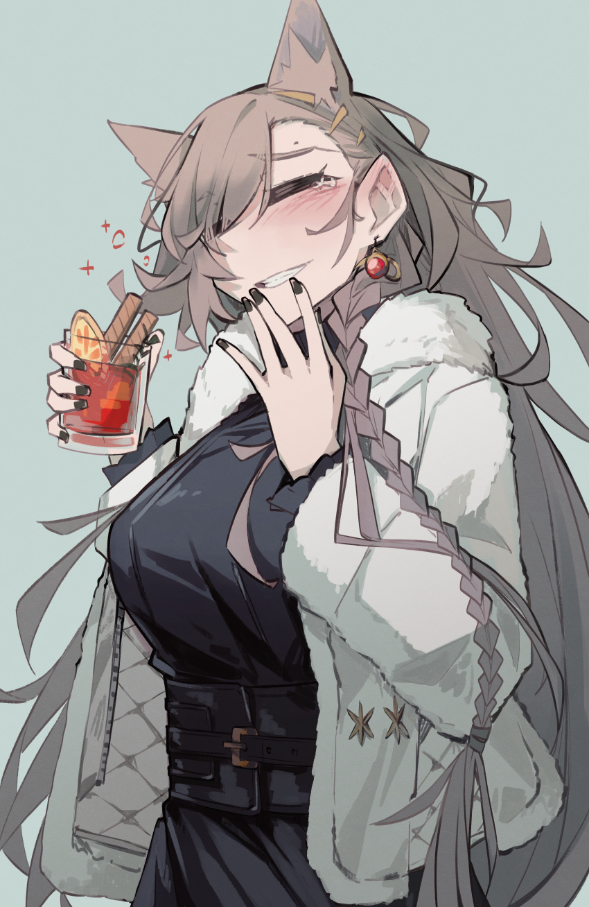 1girl absurdres animal_ears arknights black_dress black_nails braid breasts brown_hair closed_eyes cup dress drinking_glass earrings extra_ears highres holding holding_cup jacket jewelry long_hair official_alternate_costume penance_(arknights) simple_background smile solo teeth togekk0 white_jacket wolf_ears wolf_girl