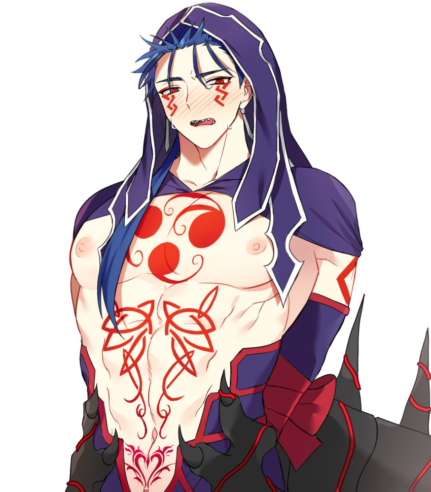 1boy arms_behind_back bara blue_hair blue_hood blush bound bound_arms chest_tattoo cu_chulainn_(fate) cu_chulainn_alter_(fate) earrings embarrassed facial_mark fate/grand_order fate_(series) highres jewelry male_focus navel nipples open_mouth red_eyes red_ribbon ribbon seum_(kao_husband) sharp_teeth simple_background stomach_tattoo sweatdrop tail tattoo teeth white_background