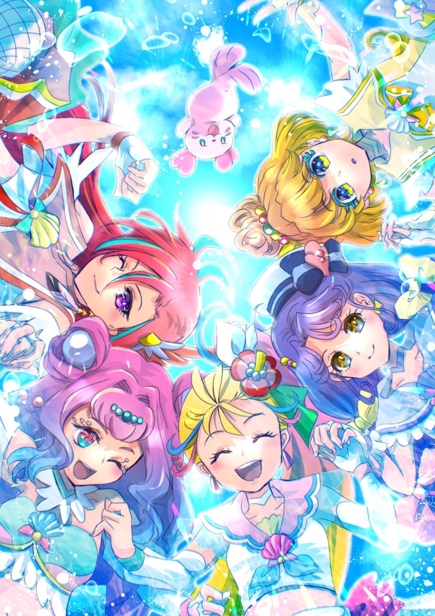 5girls :d :o ;) ;d air_bubble backlighting beads black_bow black_bowtie blonde_hair blue_hair blue_neckerchief blue_shirt blue_sky bow bowtie bridal_gauntlets bubble choker closed_eyes closed_mouth cloud cloudy_sky colored_eyelashes commentary cure_coral cure_flamingo cure_la_mer cure_papaya cure_summer detached_sleeves dress earrings elbow_rest fingerless_gloves flower frilled_shirt frills from_below gloves gradient_hair hair_beads hair_intakes hair_ornament hair_ribbon hat hat_bow hibiscus highres holding_hands ichinose_minori interlocked_fingers jewelry kururun_(precure) laura_la_mer locked_arms long_hair magical_girl manekineko5319 midriff multicolored_hair multiple_girls natsuumi_manatsu neckerchief one_eye_closed open_mouth orange_eyes parted_lips pearl_hair_ornament pink_sailor_collar precure purple_choker purple_eyes purple_hair red_flower red_hair red_sailor_collar ribbon sailor_collar sailor_hat shirt side_ponytail sky sleeveless sleeveless_shirt smile star_(symbol) streaked_hair suzumura_sango takizawa_asuka tropical-rouge!_precure water_drop white_choker white_gloves white_headwear white_ribbon white_shirt yellow_eyes yellow_sailor_collar