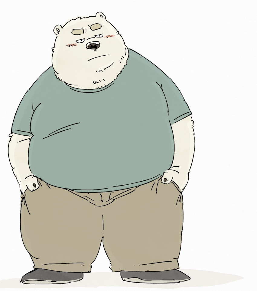 2023 anthro bear belly big_belly black_nose blush bottomwear clothing hi_res kemono male mammal overweight overweight_male pants pommn_mn shirt simple_background solo topwear white_background white_body