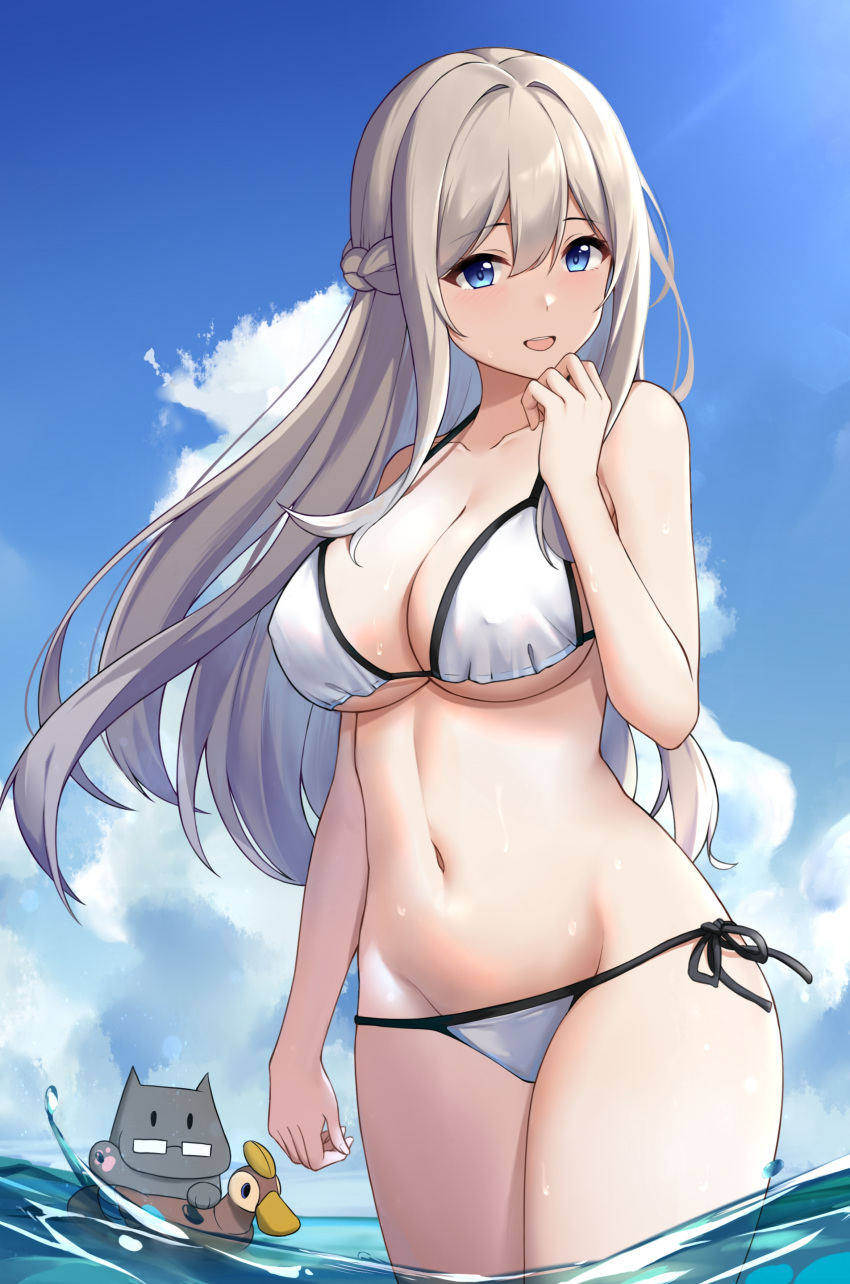 1girl absurdres bikini blue_eyes blue_sky braid breasts cloud collarbone commentary_request day french_braid grey_hair hair_between_eyes highres large_breasts lexington_(warship_girls_r) long_hair navel outdoors partially_submerged side-tie_bikini_bottom sky solo standing swimsuit very_long_hair warship_girls_r white_bikini xiao_qi