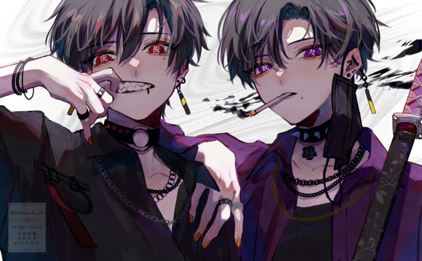 2boys black_choker black_flower black_hair black_rose bokuhaboku choker cigarette ear_piercing earrings flower highres jewelry lip_piercing male_focus mole mole_under_mouth multiple_boys multiple_earrings neck_tattoo orange_nails original piercing purple_eyes red_eyes red_nails ring rose short_hair smoke smoking tattoo teeth twitter_username