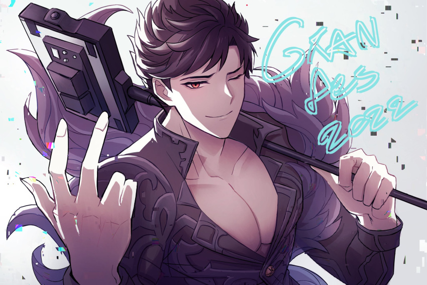 1boy belial_(granblue_fantasy) black_hair black_jacket closed_mouth english_text feather_boa granblue_fantasy highres holding jacket kishire0324 large_pectorals male_focus muscular muscular_male one_eye_closed pectorals red_eyes short_hair smile solo upper_body