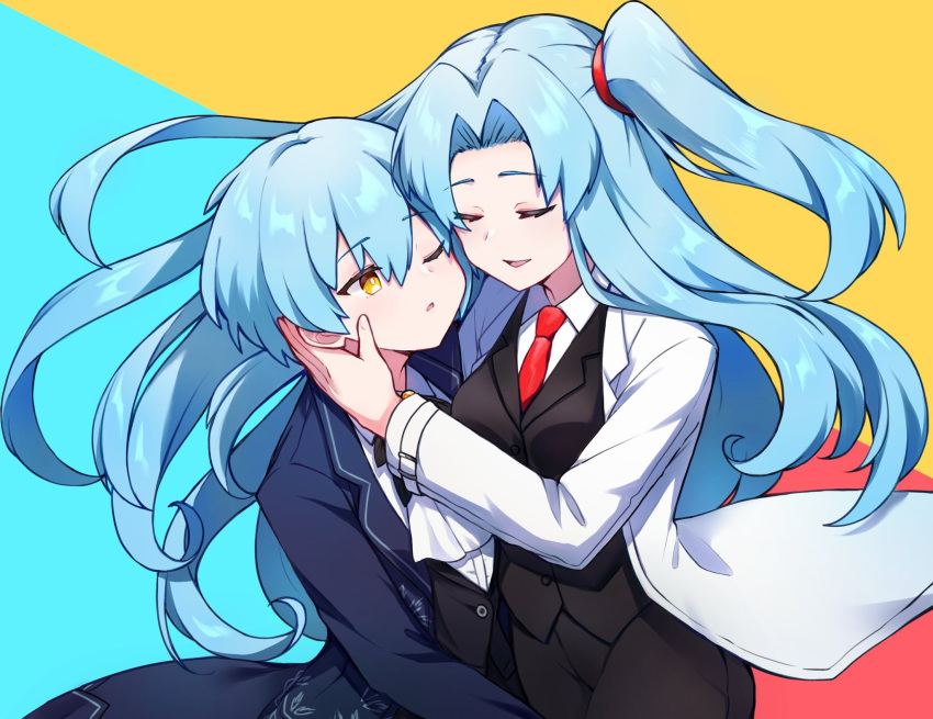 2girls angela_(project_moon) ascot black_pants black_vest blue_coat blue_hair breasts closed_eyes coat collared_shirt dual_persona highres large_breasts library_of_ruina lobotomy_corporation long_sleeves mikoto0x0 multiple_girls necktie one_eye_closed one_side_up pants parted_bangs parted_lips project_moon red_necktie shirt short_hair vest white_ascot white_coat white_shirt wing_collar