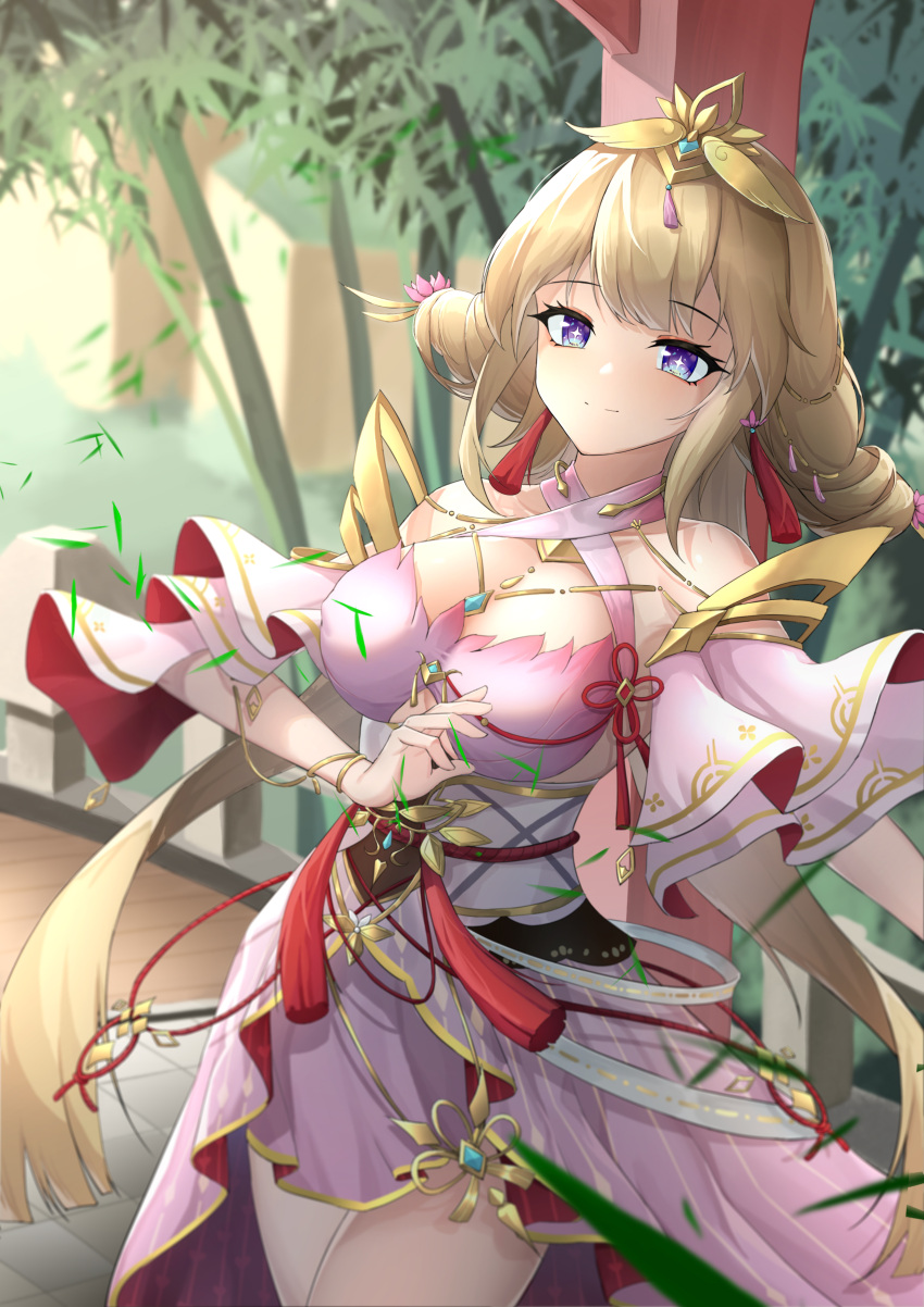 1girl absurdres bare_shoulders blonde_hair blue_eyes breasts cleavage cleavage_cutout closed_mouth clothing_cutout cowboy_shot dai_mao_xuan_yi detached_sleeves dress feise_(tower_of_fantasy) gold_trim headpiece highres large_breasts long_hair looking_at_viewer obi pink_dress sash smile solo star-shaped_pupils star_(symbol) symbol-shaped_pupils tower_of_fantasy underboob underboob_cutout very_long_hair