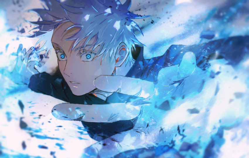 1boy aura black_jacket blue_eyes debris gojou_satoru hands_up highres jacket jujutsu_kaisen jujutsu_tech_uniform long_sleeves looking_at_viewer male_focus open_hands parted_lips school_uniform short_hair solo upper_body white_background white_hair yoon_(dmsco1803)