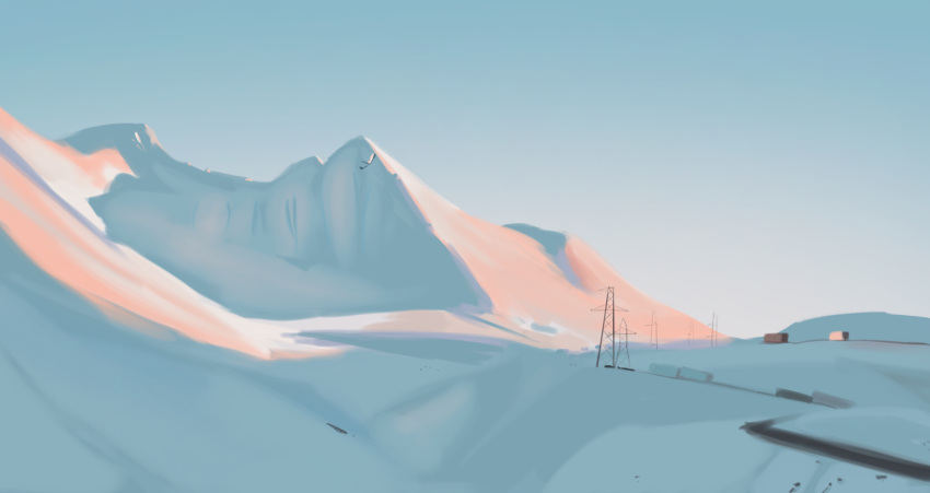 absurdres blue_sky building gradient_sky highres morning mountain no_humans original outdoors potatomochii road scenery sky snow transmission_tower