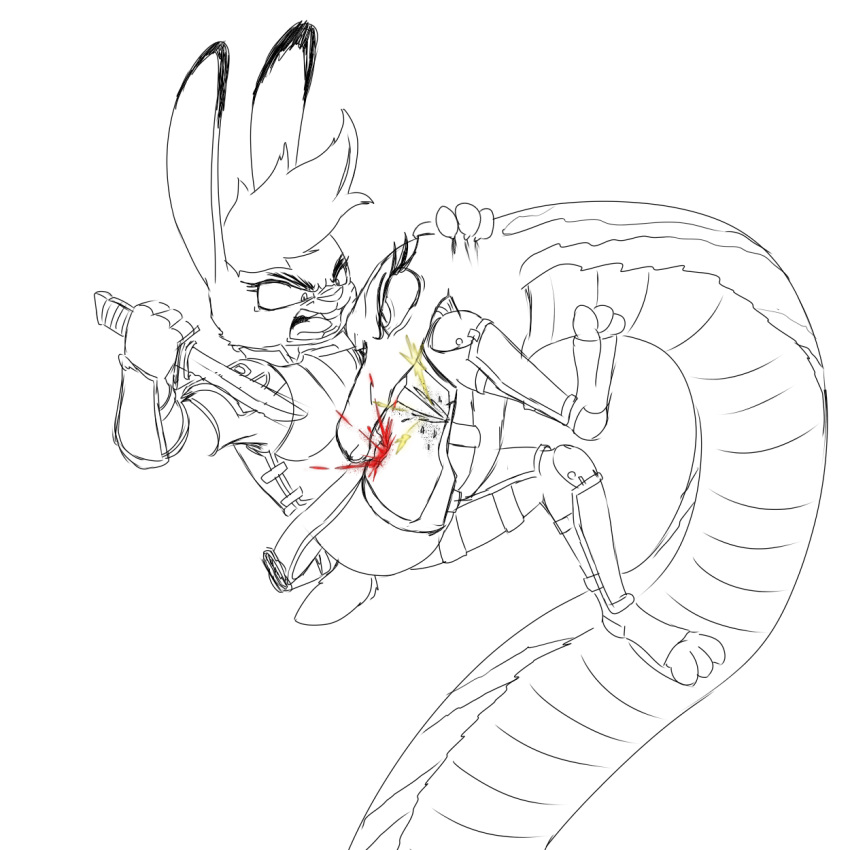 anthro bite blood bodily_fluids clothing disney duo ears_up female feral hair hi_res judy_hopps knife lagomorph leporid line_art mammal poison rabbit reptile scalie scar snake spoof_(artist) uniform weapon wounded zistopia zootopia