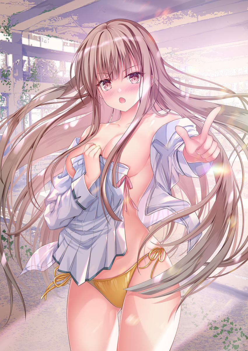 1girl angry ass_visible_through_thighs bikini blush breasts brown_eyes brown_hair ceiling collarbone commentary_request covering covering_breasts hair_between_eyes highres holding holding_clothes holding_skirt index_finger_raised indoors leaf long_hair long_sleeves looking_at_viewer medium_breasts nose_blush off_shoulder open_clothes open_mouth open_shirt pleated_skirt pointing pointing_at_viewer red_eyes school_uniform shirt side-tie_bikini_bottom skirt skirt_removed solo sousouman standing swimsuit twinbox_school undressing very_long_hair white_shirt white_skirt yellow_bikini
