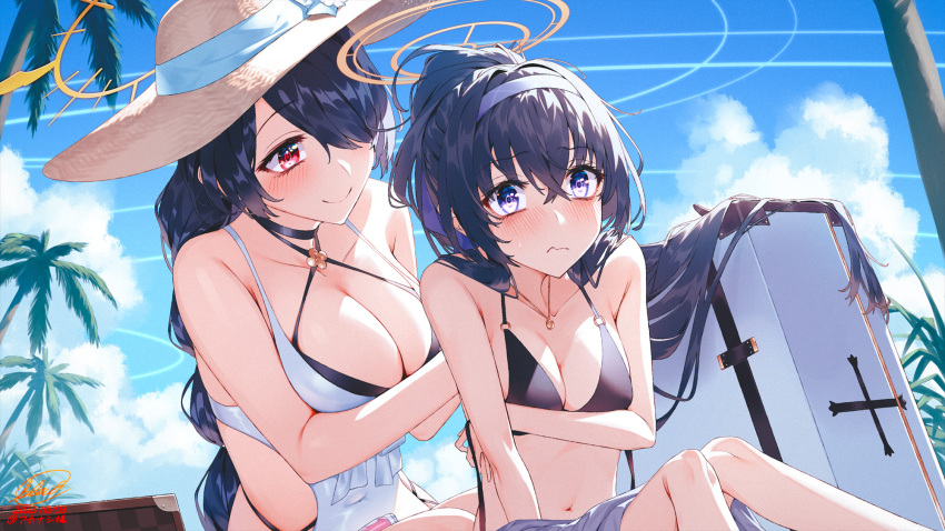 2girls bikini black_bikini black_hair blew_andwhite blue_archive blue_hairband blush breasts cleavage closed_mouth collarbone covered_navel day hair_between_eyes hairband halterneck hat highres hinata_(blue_archive) hinata_(swimsuit)_(blue_archive) jewelry large_breasts long_hair medium_breasts multiple_girls navel official_alternate_costume one-piece_swimsuit outdoors palm_tree pendant purple_eyes red_eyes smile straw_hat striped striped_hairband swimsuit tree ui_(blue_archive) ui_(swimsuit)_(blue_archive) white_one-piece_swimsuit