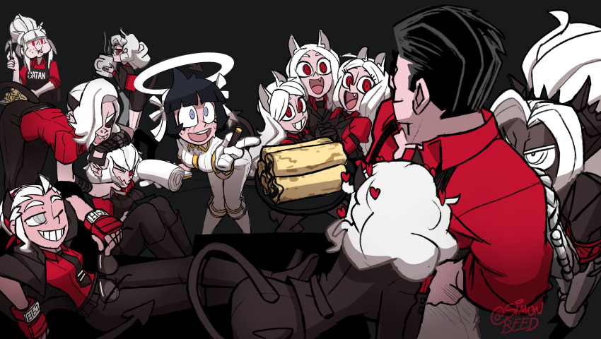 1boy 6+girls absurdres angel animal_ears apron azazel_(helltaker) black_background black_hair black_jacket black_pants blue_eyes cerberus_(helltaker) coffee_mug cup demon demon_girl dog_ears ear_piercing eating fang food fork from_behind gloves grumpy halo helltaker helltaker_(character) highres holding holding_cup holding_fork jacket jacket_on_shoulders judgement_(helltaker) justice_(helltaker) lucifer_(helltaker) malina_(helltaker) modeus_(helltaker) mug multiple_girls nose_piercing pancake pancake_stack pandemonica_(helltaker) pants piercing red_eyes red_gloves red_shirt sharp_teeth shirt simonbeed smile teeth triplets white_gloves white_hair white_pants white_shirt zdrada_(helltaker)