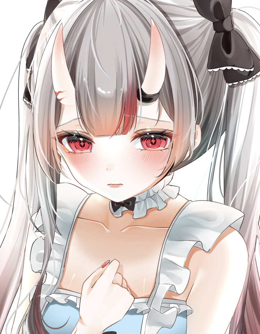 1girl apron black_bow blue_apron bow breasts choker frilled_choker frilled_sleeves frills grey_hair hair_bow highres hololive horns long_hair looking_at_viewer multicolored_hair nakiri_ayame ohagetty oni oni_horns red_hair red_nails short_sleeves small_breasts streaked_hair two_side_up virtual_youtuber white_choker