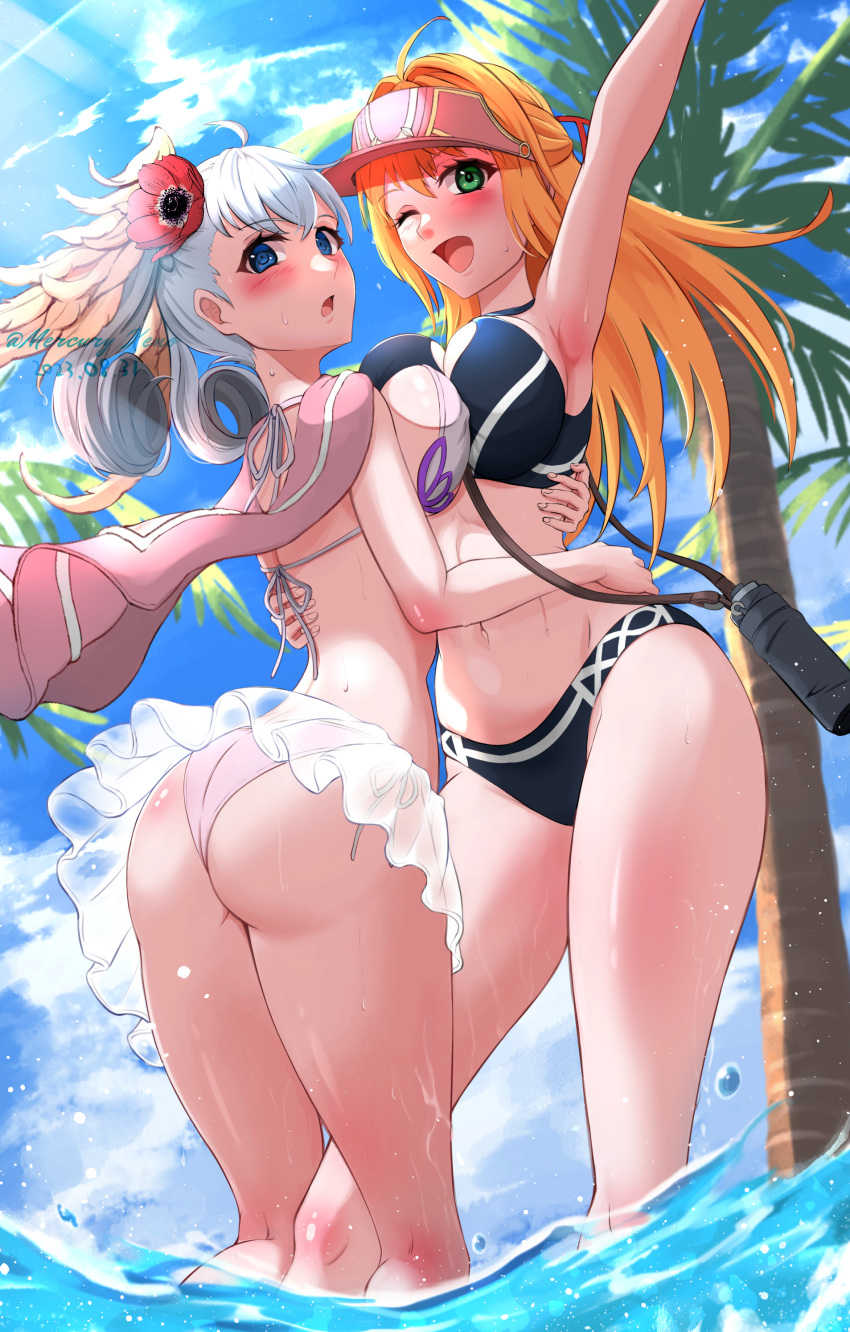 2girls absurdres arm_up artist_name ass bikini blonde_hair blue_eyes blush breast_press breasts canteen cape curly_hair dated embarrassed fiora_(xenoblade) from_below green_eyes grey_hair head_wings highres hug large_breasts leg_between_thighs long_hair looking_at_viewer melia_antiqua mercury_xeno multiple_girls open_mouth outdoors palm_tree see-through see-through_skirt side-tie_bikini_bottom skirt swimsuit symmetrical_docking tree twitter_username visor_cap wading water wings xenoblade_chronicles_(series) xenoblade_chronicles_1
