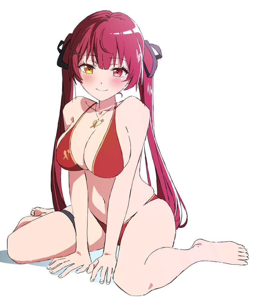 1girl absurdres barefoot bikini black_ribbon blush breasts closed_mouth collarbone eyelashes feet full_body gold_trim hair_ornament hair_ribbon hairclip heterochromia highres hololive houshou_marine houshou_marine_(4th_costume) large_breasts legs long_hair looking_at_viewer micro_bikini mugi0913 navel official_alternate_costume on_ground red_bikini red_eyes red_hair ribbon simple_background sitting skindentation smile solo swimsuit thigh_strap toenails toes twintails very_long_hair virtual_youtuber wariza white_background yellow_eyes