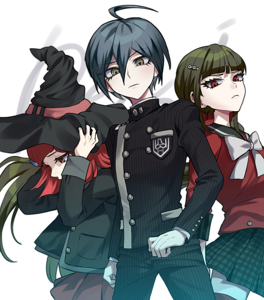 1boy 2girls ahoge black_hair blazer bob_cut bow breast_pocket brown_eyes brown_hair buttons commentary_request danganronpa_(series) danganronpa_v3:_killing_harmony double-breasted gakuran green_hair grey_bow hair_between_eyes hair_ornament hair_scrunchie hairclip haji_(hajimaji) hands_on_headwear harukawa_maki hat highres jacket korean_commentary long_hair long_sleeves looking_at_viewer low_twintails mole mole_under_eye multiple_girls pants plaid plaid_skirt pleated_skirt pocket red_eyes red_hair red_scrunchie saihara_shuichi school_uniform scrunchie serafuku shirt short_hair skirt thighhighs twintails witch_hat yumeno_himiko