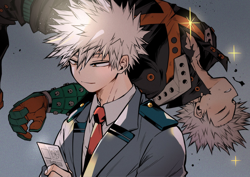 1boy adam's_apple bakugou_katsuki black_pants blazer blonde_hair boku_no_hero_academia card chiyaya closed_eyes closed_mouth collared_shirt diffraction_spikes double_horizontal_stripe eyebrows_hidden_by_hair falling film_grain floating from_side gloves glowing green_gloves grey_background grey_jacket hair_between_eyes hair_slicked_back hand_up happy high_collar highres holding holding_card jacket lapels light looking_at_object looking_down male_focus midair multiple_views necktie notched_lapels open_collar orange_eyes orange_gloves outstretched_arm pants parted_lips profile radar_chart red_necktie school_uniform shirt short_hair sideways_mouth smile spiked_hair spoilers torn_clothes trading_card two-tone_gloves u.a._school_uniform unconscious upper_body white_shirt wing_collar wrist_guards x