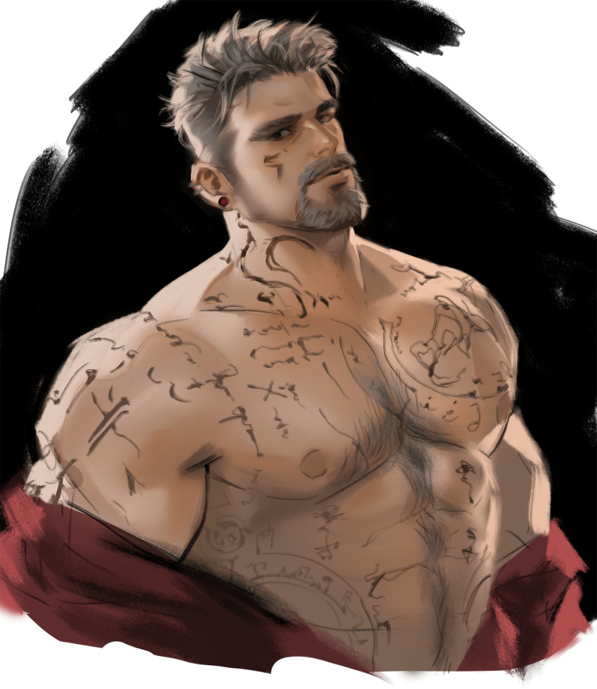 1boy abs bara bare_pectorals chest_hair cropped_torso dead_by_daylight dopey_(dopq) ear_piercing earrings facial_hair facial_mark full-body_tattoo goatee grey_hair highres jewelry large_pectorals long_sideburns looking_at_viewer male_focus mature_male muscular muscular_male navel_hair nipples off_shoulder old old_man open_clothes open_shirt pectorals piercing red_shirt shirt short_hair sideburns solo tattoo thick_eyebrows thick_mustache vittorio_toscano