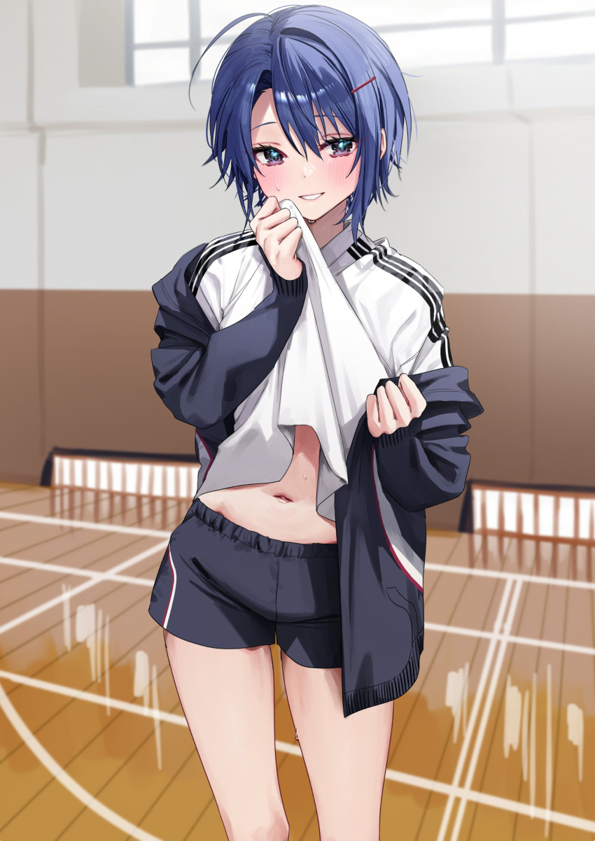 1girl absurdres ahoge blue_hair blue_jacket blue_shorts blush chigusa_minori commentary_request cowboy_shot hair_between_eyes hair_ornament hairclip highres himeno_akira indoors jacket jitsuha_imouto_deshita. long_hair long_sleeves looking_at_viewer midriff navel off_shoulder official_art open_clothes open_jacket parted_lips purple_eyes shirt short_hair shorts sleeves_past_wrists solo sweat white_shirt wiping_sweat