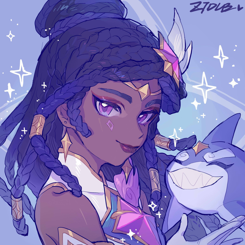 1girl artist_name black_hair closed_mouth dark-skinned_female dark_skin earrings gloves hair_between_eyes hair_ornament highres jewelry league_of_legends long_hair looking_at_viewer official_alternate_costume official_alternate_hairstyle purple_eyes senna_(league_of_legends) simple_background smile solo star_(symbol) star_guardian_(league_of_legends) star_guardian_pet star_guardian_senna upper_body ztdlb