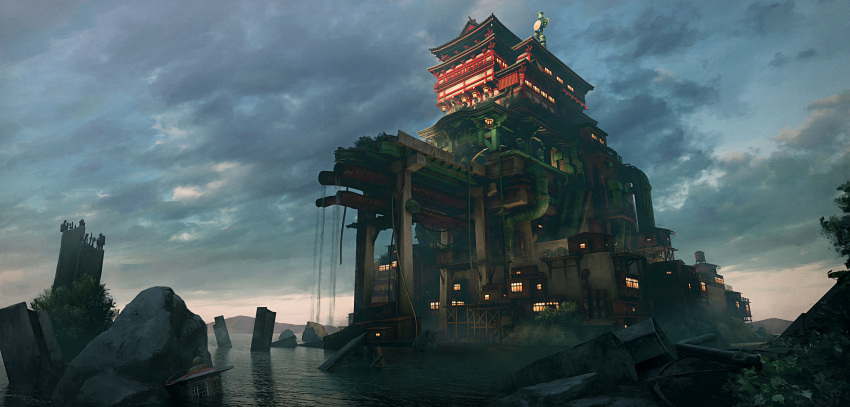 absurdres architecture blue_sky cloud east_asian_architecture evening highres industrial_pipe lantern mountainous_horizon no_humans ocean orange_sky original outdoors ruins scenery sky tomo_ro water