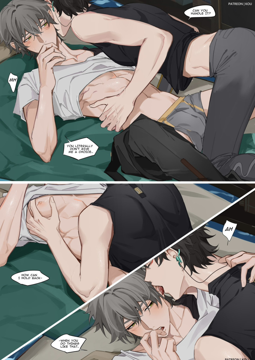 2boys abs bent_over black_shirt blush boy_on_top bulge caelus_(honkai:_star_rail) closed_mouth collarbone couple covering_mouth dan_heng_(honkai:_star_rail) earrings english_commentary english_text erection erection_under_clothes grey_pants hair_between_eyes hand_on_another's_chest hand_on_another's_stomach highres honkai:_star_rail honkai_(series) indoors jewelry licking licking_ear lying male_focus multiple_boys navel nipples on_back pants patreon_username pectorals red_eyeliner shirt short_hair sleeveless sleeveless_shirt speech_bubble trailblazer_(honkai:_star_rail) white_shirt yaoi yellow_eyes yukaero4
