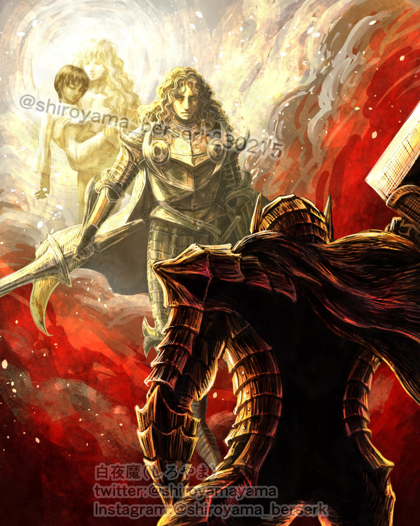 3boys armor berserk berserker_armor black_armor black_cloak black_hair carrying carrying_person casca_(berserk) cloak closed_eyes closed_mouth commentary_request dragonslayer_(sword) griffith_(berserk) guts_(berserk) highres holding holding_polearm holding_sword holding_weapon instagram_username locus_(berserk) long_hair long_sleeves looking_at_another multiple_boys polearm princess_carry shiroyama_(cxxy8358) short_hair shoulder_armor standing sword twitter_username watermark wavy_hair weapon white_hair