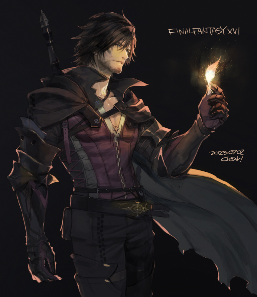 1boy armored_legwear bird black_cape black_hair blue_eyes cape clive_rosfield facial_hair facial_tattoo final_fantasy final_fantasy_xvi highres mustache_stubble phoenix red_robe robe scar square_enix tattoo teardrop_earring weapon weapon_on_back yuzukarin