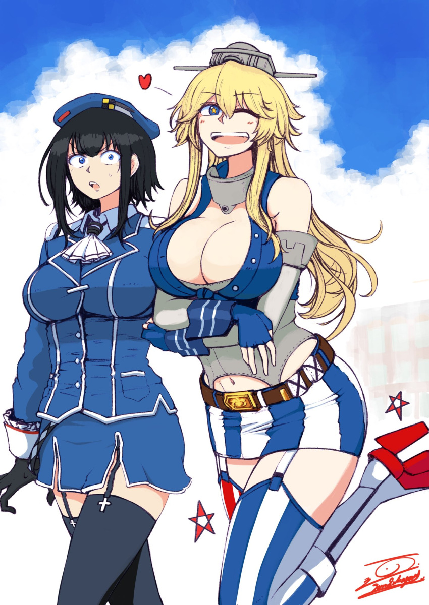 +_+ 2girls black_hair blonde_hair blue_eyes blue_sky breasts cloud cloudy_sky groin highres huge_breasts ifs_(sakagami_syu) iowa_(kancolle) kantai_collection looking_at_viewer multiple_girls sky takao_(kancolle)