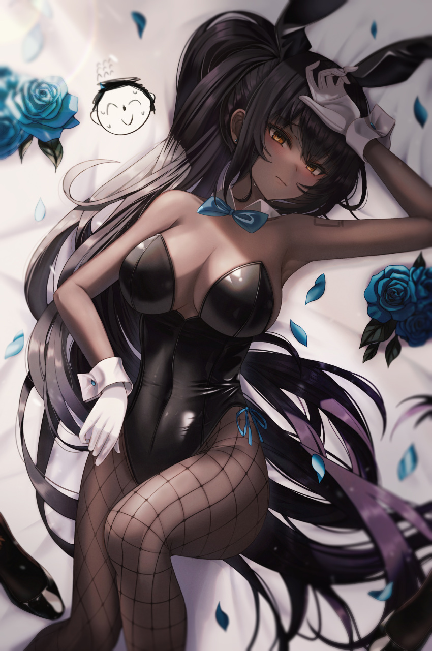 1girl absurdres arm_up armpits bare_arms bare_shoulders black_hair black_leotard blue_archive blue_flower bow bowtie breasts cleavage closed_mouth covered_navel dark-skinned_female dark_skin detached_collar fishnet_pantyhose fishnets flower frown gloves highleg highleg_leotard highres karin_(blue_archive) karin_(bunny)_(blue_archive) large_breasts leotard long_hair looking_at_viewer lying official_alternate_costume on_back orange_eyes pantyhose petals playboy_bunny ponytail rose side-tie_leotard solo starlip strapless strapless_leotard sweat thighs very_long_hair white_gloves wrist_cuffs