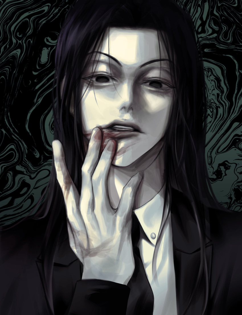1boy black_eyes black_hair black_necktie black_suit blood blood_on_face blood_on_hands expressionless formal highres hunter_x_hunter illumi_zoldyck imar_gg long_hair long_sleeves looking_at_viewer male_focus necktie shirt suit upper_body white_shirt