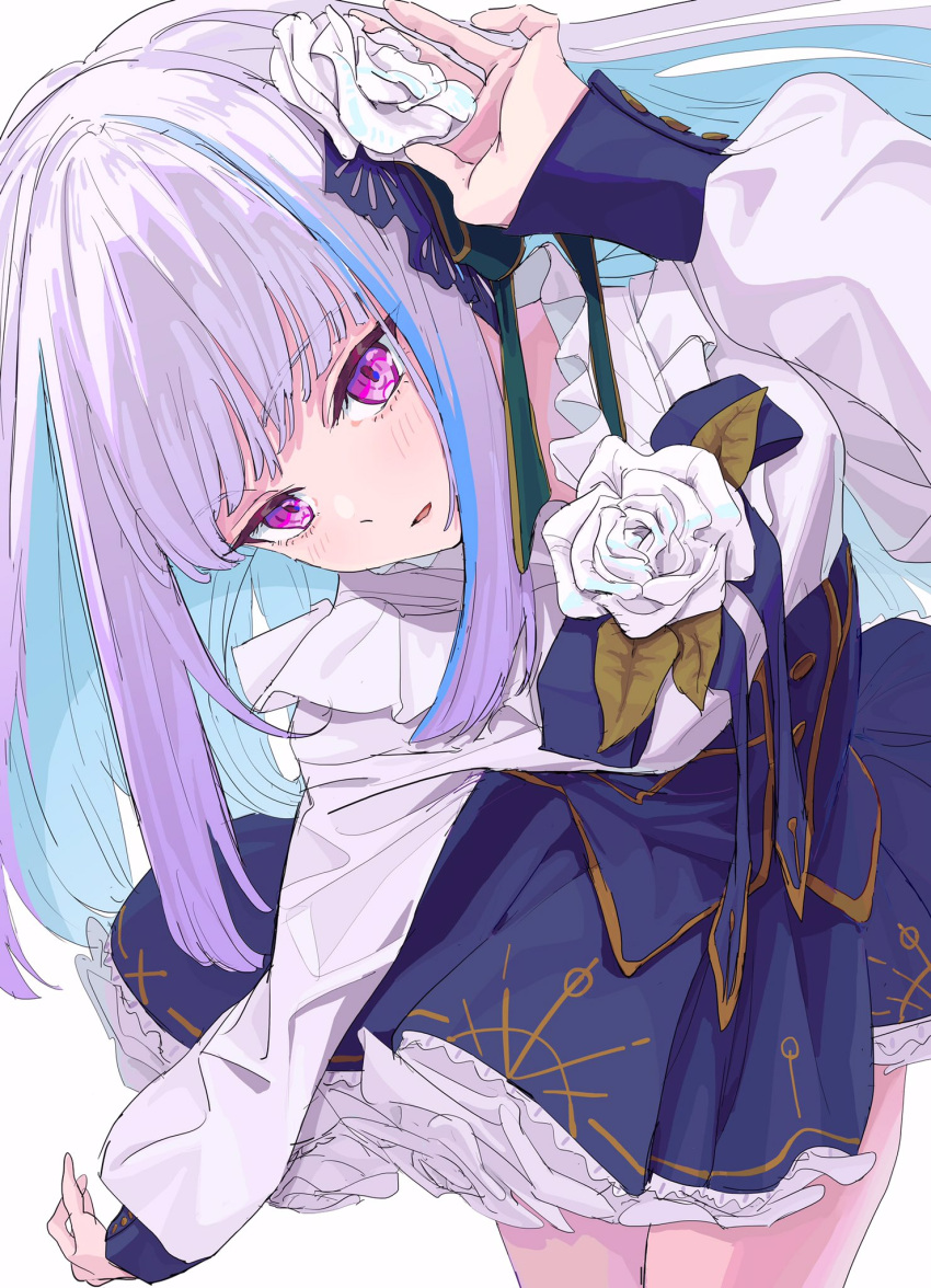 1girl alternate_costume blue_bow blue_bowtie blue_corset blue_hair blue_skirt blush bow bowtie buttoned_cuffs collar colored_inner_hair corset cuffs flower flower_on_head frilled_collar frilled_skirt frills hand_on_own_head highres hime_cut leaf lize_helesta long_hair long_sleeves looking_at_viewer multicolored_hair nijisanji obihironn open_mouth puffy_sleeves purple_eyes rose shirt simple_background skirt streaked_hair thighs white_background white_flower white_hair white_rose white_shirt wrist_cuffs