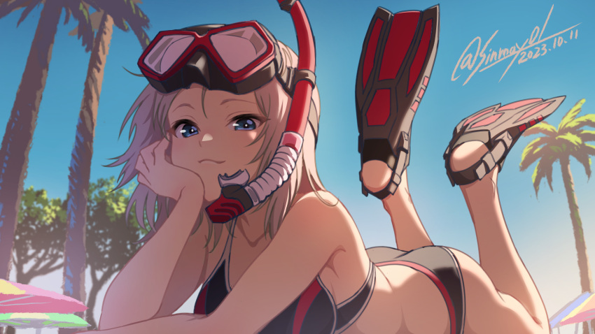 1girl ass beach bikini black_bikini blue_eyes blue_sky commission day diving_mask diving_mask_on_head feet_up flippers girls_und_panzer goggles goggles_on_head grey_hair head_rest highres itsumi_erika looking_at_viewer lying medium_hair on_stomach outdoors palm_tree pixiv_commission shinmai_(kyata) sky snorkel solo swimsuit the_pose tree