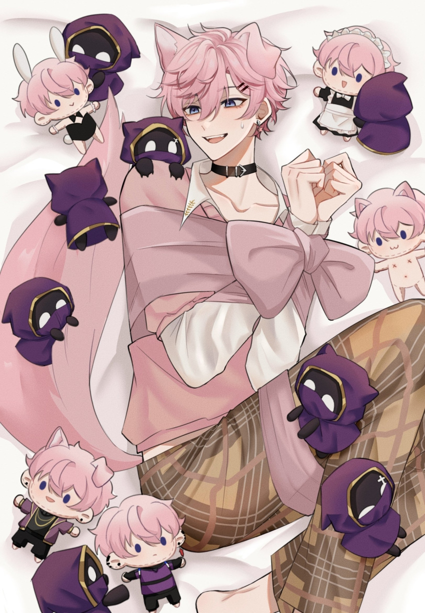 1boy animal_ears barefoot blue_eyes character_doll dog_ears dog_tail earrings highres indie_virtual_youtuber jewelry male_focus mmanohei open_mouth pants pink_hair pink_shirt pink_tail shirt short_hair shoto_(vtuber) solo stuffed_toy tail virtual_youtuber