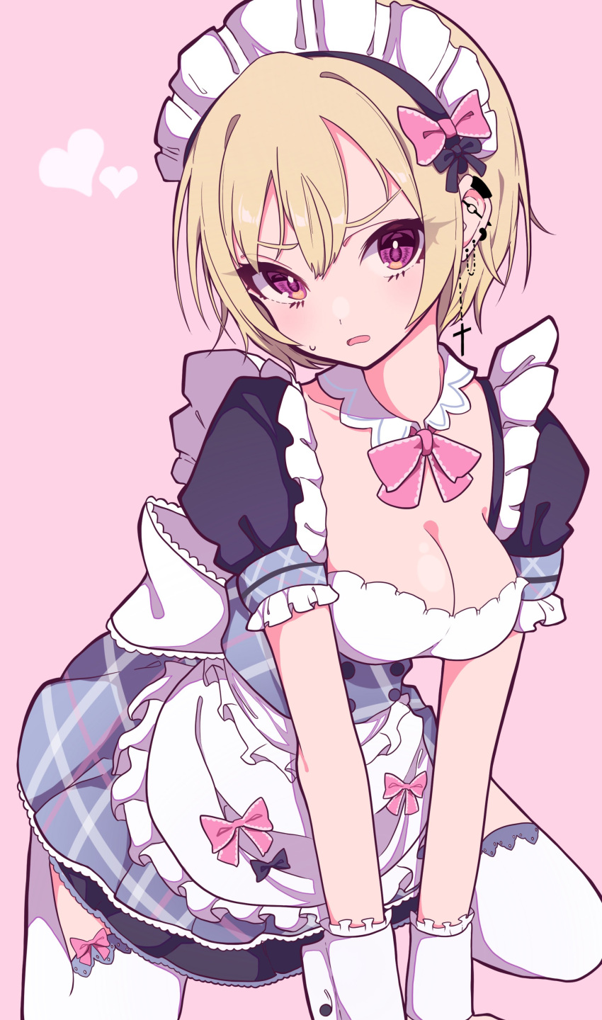 1girl absurdres apron between_legs black_ribbon blonde_hair blue_dress blush breasts cleavage collarbone cross cross_earrings detached_collar dress ear_piercing earrings hair_between_eyes heart highres idolmaster idolmaster_shiny_colors jewelry looking_at_viewer maid_apron maid_headdress medium_breasts open_mouth piercing pink_background pink_ribbon plaid plaid_dress purple_eyes ribbon saijo_juri short_hair simple_background sitting solo soushitsuchang sweatdrop wariza wince