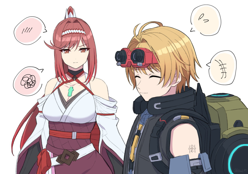1girl ahoge bare_shoulders blonde_hair breasts chest_jewel cleavage closed_eyes core_crystal_(xenoblade) criss-cross_halter detached_sleeves glimmer_(xenoblade) halterneck high_ponytail highres hoya_kbknb47 japanese_clothes kimono large_breasts long_hair nikol_(xenoblade) obi ponytail red_hair sash short_hair smile swept_bangs tsundere white_kimono wide_sleeves xenoblade_chronicles_(series) xenoblade_chronicles_3 xenoblade_chronicles_3:_future_redeemed