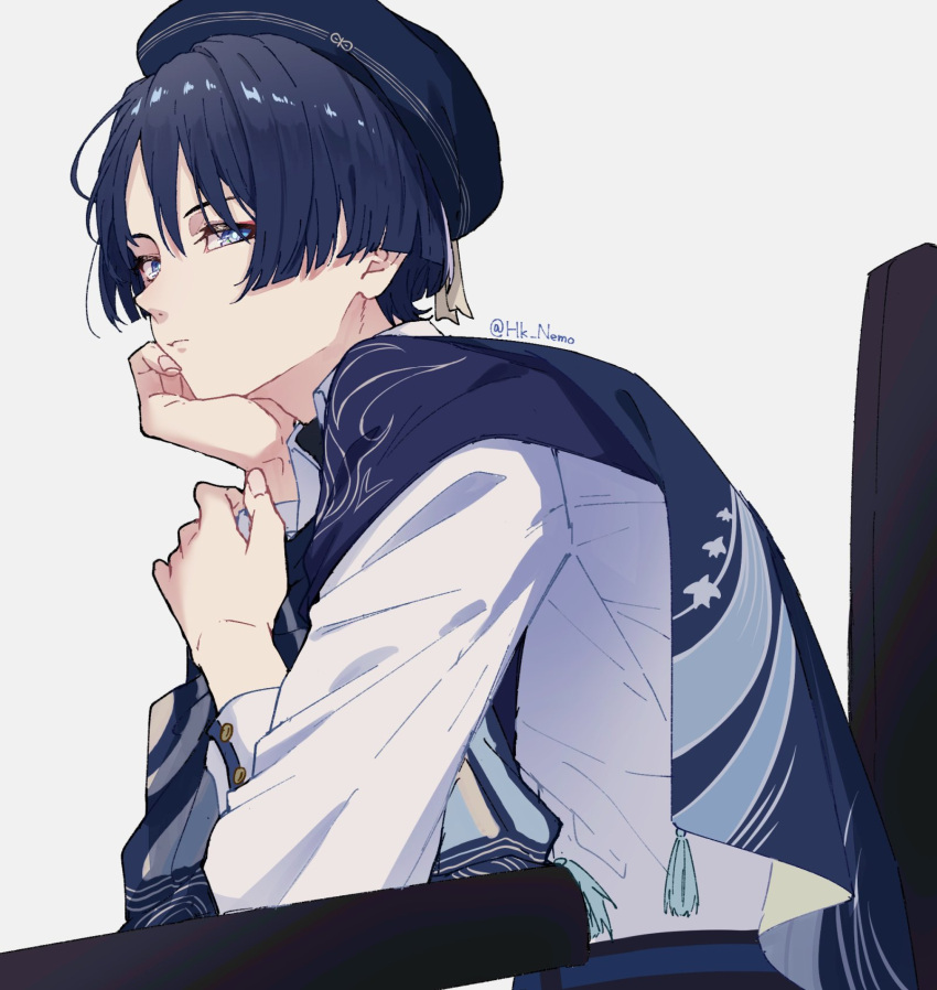 1boy alternate_costume blue_cape blue_eyes blue_headwear blunt_ends cape closed_mouth elbow_rest eyeshadow from_side fuka_(hk_nemo) genshin_impact hat head_rest highres long_sleeves looking_at_viewer looking_to_the_side makeup male_focus purple_hair red_eyeliner red_eyeshadow scaramouche_(genshin_impact) shirt short_hair simple_background sitting solo twitter_username upper_body wanderer_(genshin_impact) white_background white_shirt