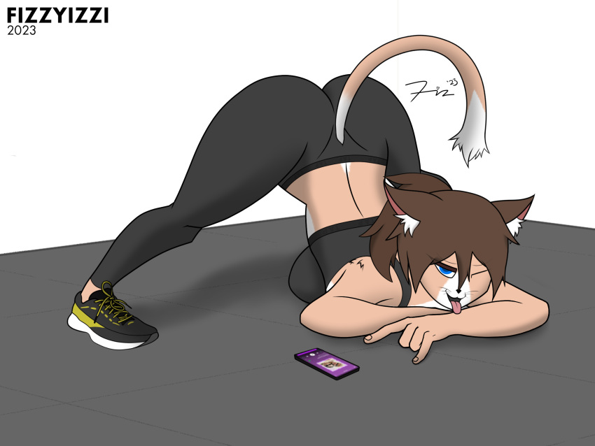 2023 4:3 anthro artist_name ass_up bare_shoulders bedroom_eyes big_breasts big_butt blue_eyes bottomwear bra breasts brown_body brown_fur brown_hair butt butt_focus clothed clothing colored digital_drawing_(artwork) digital_media_(artwork) ear_tuft felid feline female fizzyizzi footwear fur hair hi_res izzi_(fizzyizzi) jack-o'_pose leggings legwear looking_at_viewer mammal messy_hair narrowed_eyes on_ground one_eye_closed open_mouth phone ponytail pose running_shoes seductive shaded shoes shoulder_tuft signature smile soft_shading solo sports_bra tail tail_tuft thick_thighs tongue tongue_out topwear tuft underwear white_body white_fur wide_hips wink winking_at_viewer
