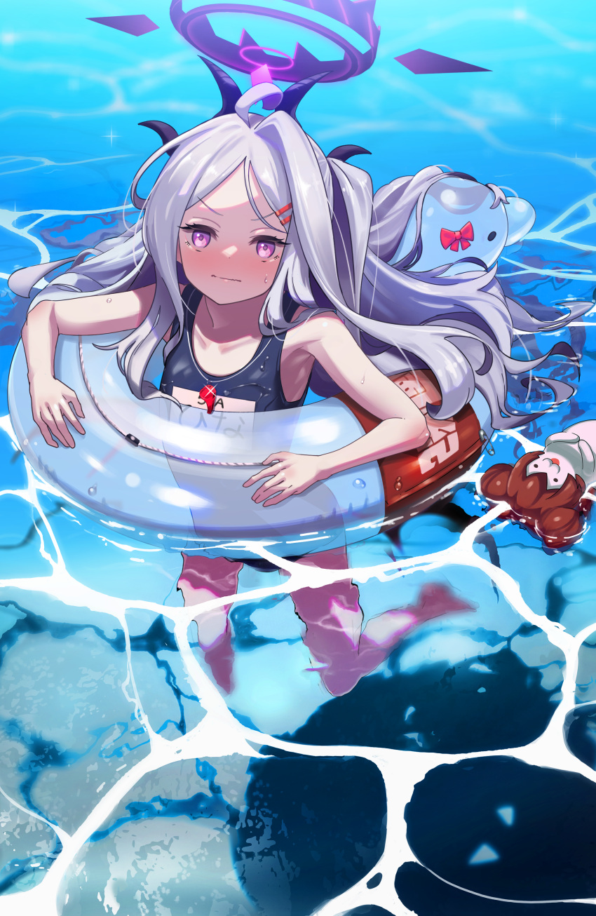 1girl absurdres afloat ahoge armpits blue_archive blush character_doll demon_girl demon_horns demon_wings forehead hair_ornament hairclip halo highres hina_(blue_archive) hina_(swimsuit)_(blue_archive) horns in_water innertube long_hair looking_at_viewer name_tag nazomaki_(blue_archive) ocean official_alternate_hairstyle old_school_swimsuit one_side_up parted_bangs school_swimsuit sidelocks sleeveless solo suppa_(hagakuresuppa) sweatdrop swimming swimsuit translation_request wavy_hair wavy_mouth whistle whistle_around_neck wings