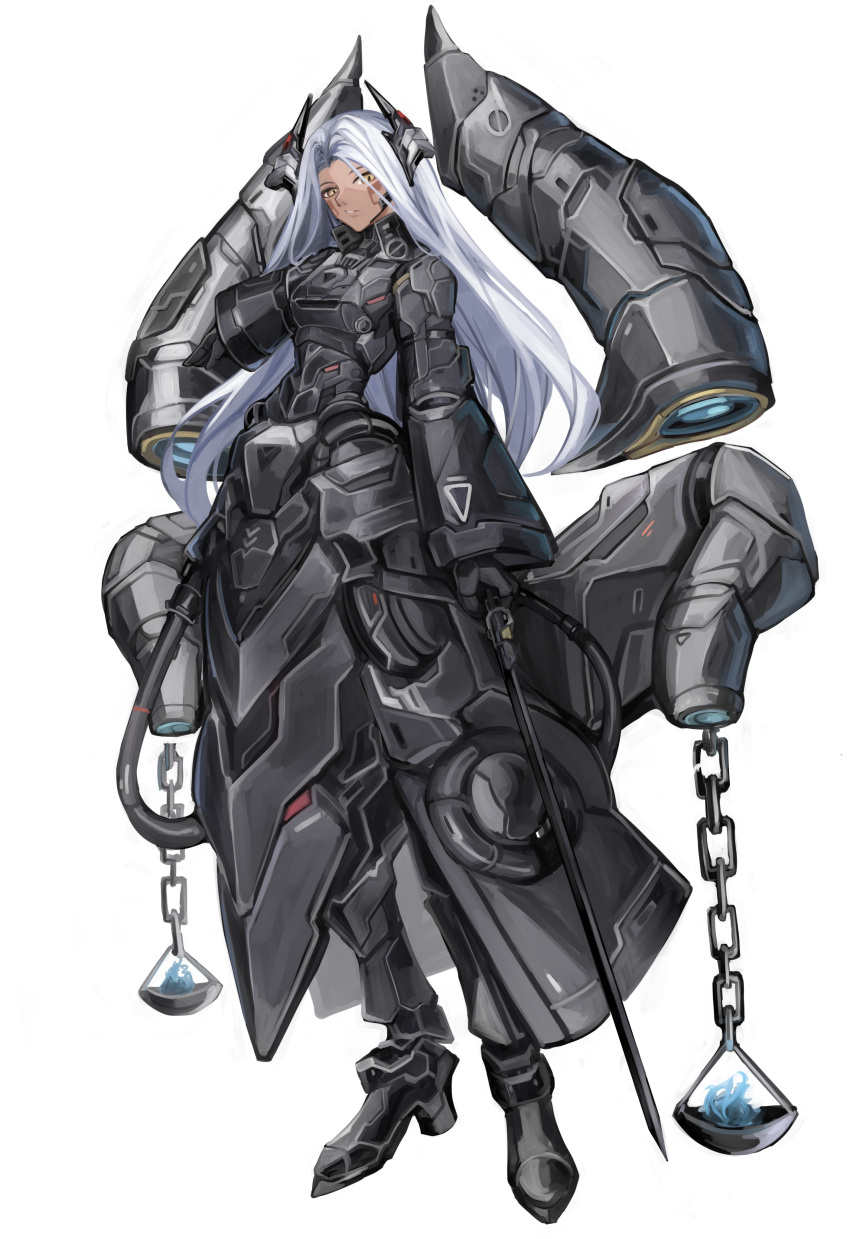 1girl absurdres aokuma_(yuuran_create) armor black_dress black_footwear boots commentary dress floating floating_object headgear highres holding holding_sword holding_weapon long_hair original power_armor rapier scales solo sword symbol-only_commentary weapon white_background white_hair yellow_eyes