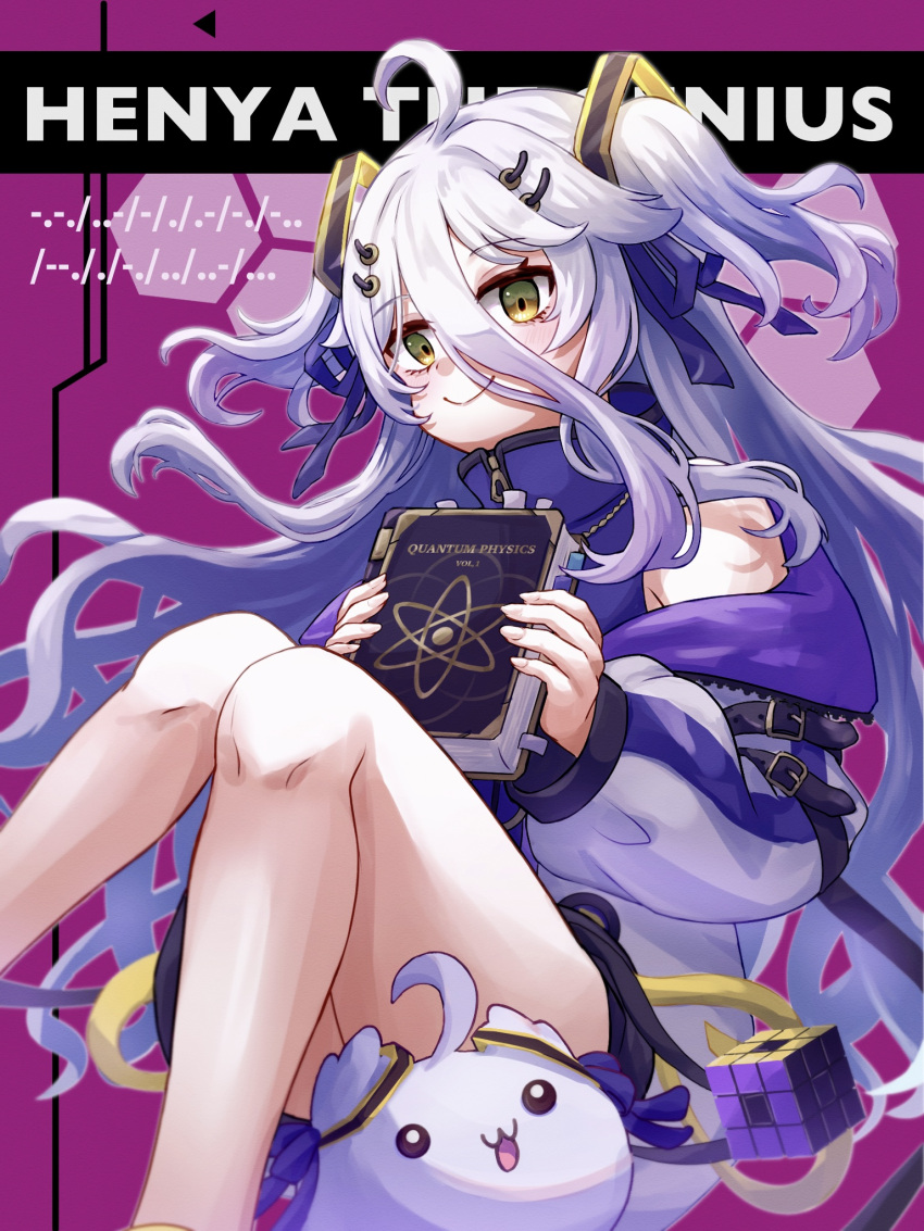 1girl ahoge arm_belt belt binary black_belt book bookmark cube dress gradient_hair grey_hair hair_between_eyes hair_ornament hair_ribbon hairpin henya_the_genius highres holding holding_book jacket long_bangs long_hair looking_at_viewer multicolored_hair purple_dress purple_hair purple_jacket purple_ribbon ribbon rubik's_cube sidelocks sleeveless sleeveless_dress smile solo tolo_mag two_side_up virtual_youtuber vshojo yellow_eyes zipper zipper_pull_tab