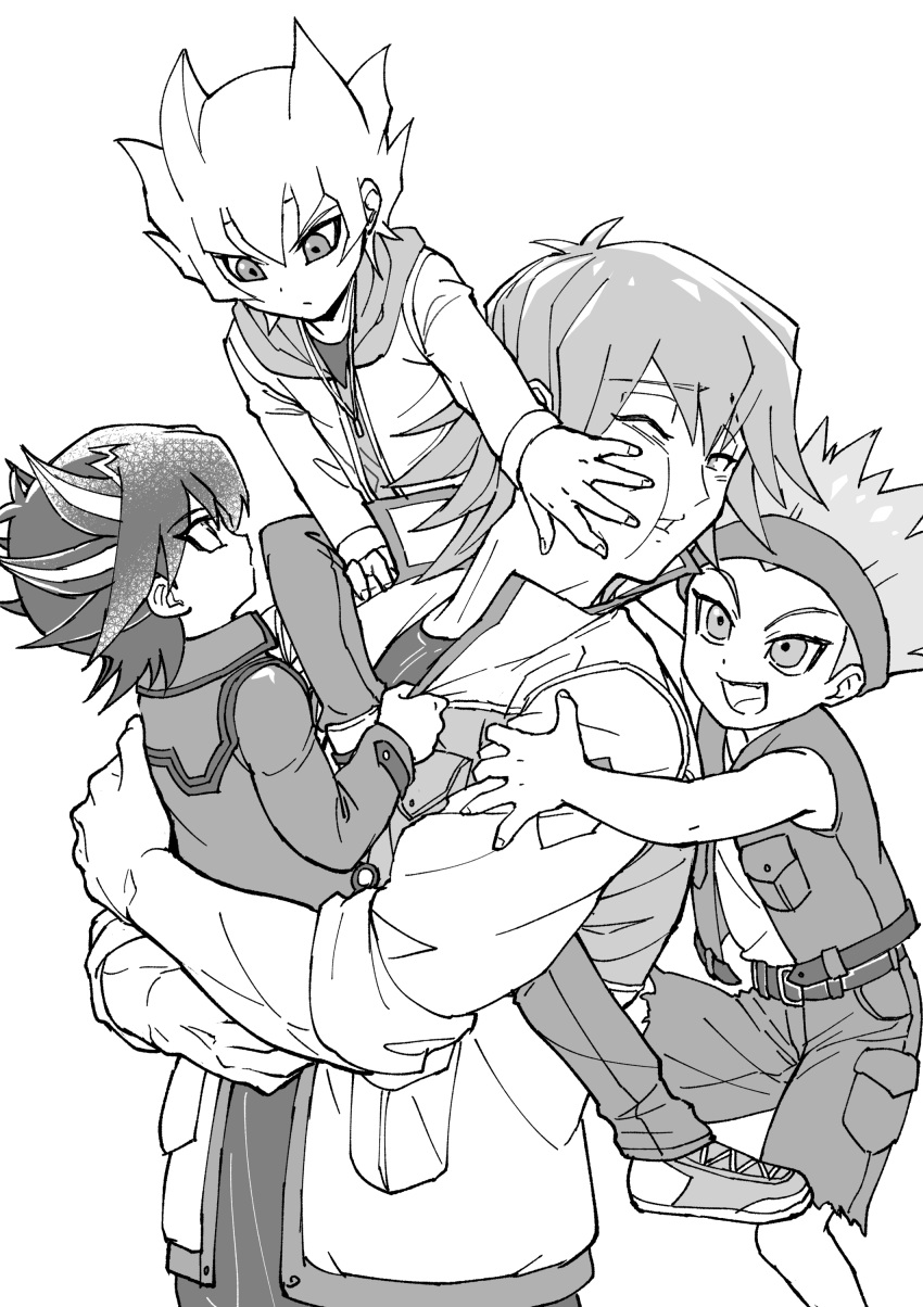 4boys absurdres age_difference aged_down belt bruno_(yu-gi-oh!) carrying carrying_person cheek_squash child clothes_grab crow_hogan fudou_yuusei greyscale hand_on_another's_cheek hand_on_another's_face hand_on_another's_shoulder high_collar highres holding hood hood_down hooded_jacket jack_atlas jacket jewelry monochrome multiple_boys necklace on_shoulder one_eye_closed open_mouth pants parted_lips piggyback screentones serious shirt shoes shorts sleeveless sleeveless_jacket sleeves_rolled_up smile sneakers spiked_hair standing youko-shima yu-gi-oh! yu-gi-oh!_5d's