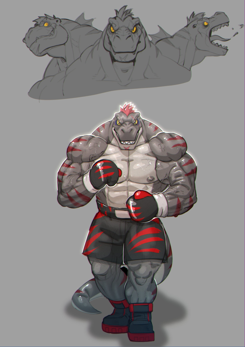 2021 abs absurd_res anthro barazoku biceps bottomwear boxing boxing_gloves boxing_shorts chin_scar clothing deltoids dinosaur eye_scar facial_scar flexor_carpi grey_background grey_body grey_scales grin hair handwear hi_res husky_(artist) koreanhusky looking_at_viewer luter_maximus male multicolored_body multicolored_scales muscular muscular_anthro muscular_male muscular_thighs nipples open_mouth pattern_clothing pesc red_hair red_stripes reptile scales scalie scar shorts simple_background smile solo sport striped_body striped_clothing striped_scales stripes theropod triceps two_tone_body two_tone_scales tyrannosaurid tyrannosaurus tyrannosaurus_rex vein veiny_muscles x_scar yell yellow_eyes