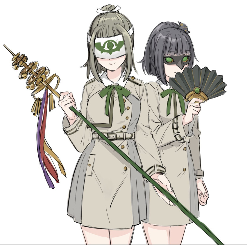 2girls adapted_costume bell belt black_hair blunt_bangs closed_mouth commentary_request cowboy_shot crossover dress eye_mask green_ribbon grey_belt grey_dress hair_ribbon hand_fan highres holding holding_fan holding_staff jingle_bell kagura_suzu long_sleeves looking_at_viewer lycoris_recoil lycoris_uniform magia_record:_mahou_shoujo_madoka_magica_gaiden mahou_shoujo_madoka_magica multiple_girls neck_ribbon pleated_dress ponytail ribbon short_hair simple_background smile staff standing white_background white_ribbon yukishiro_(hitsuji)